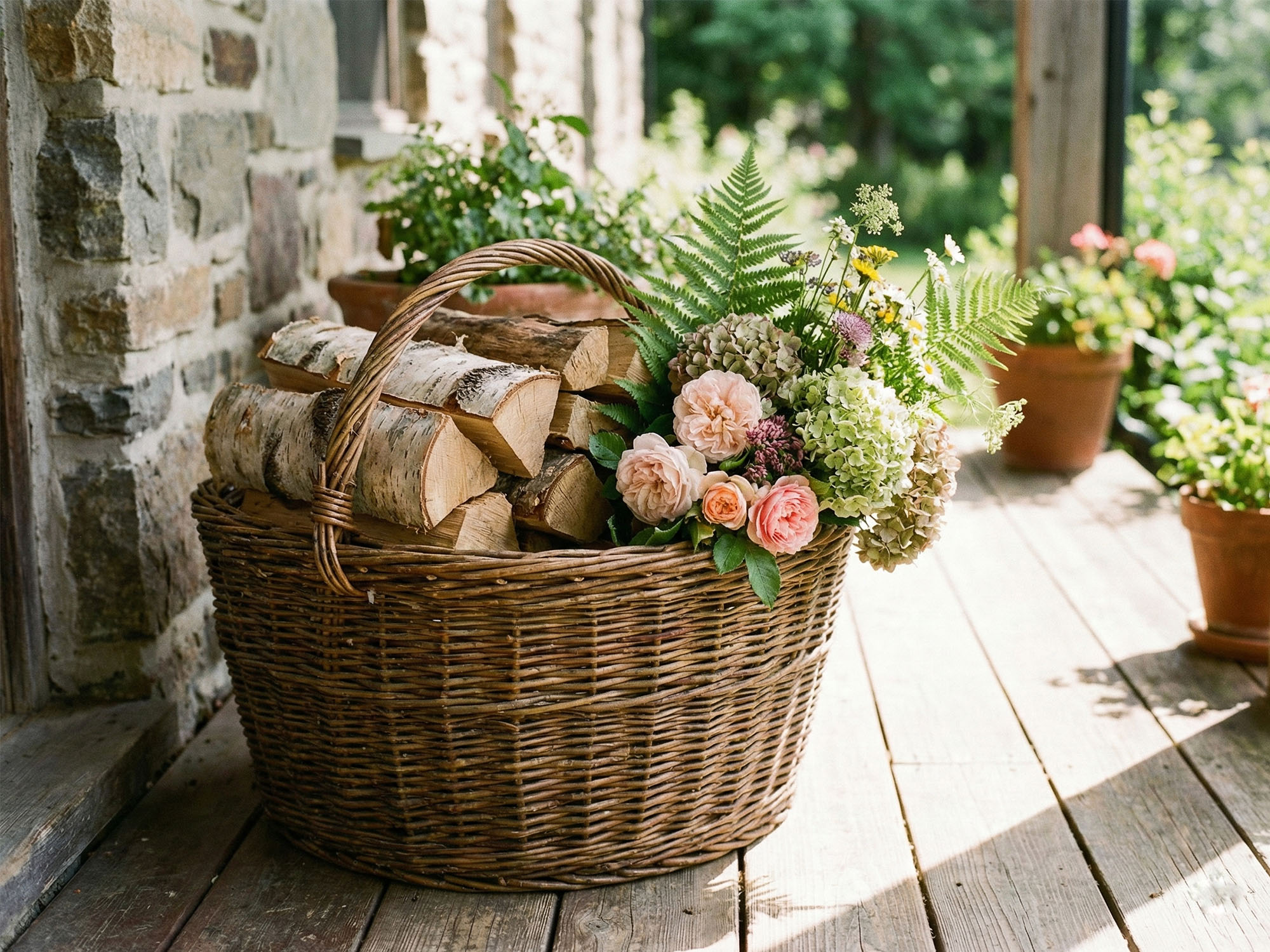 A basket holding garden flowers or firewood.