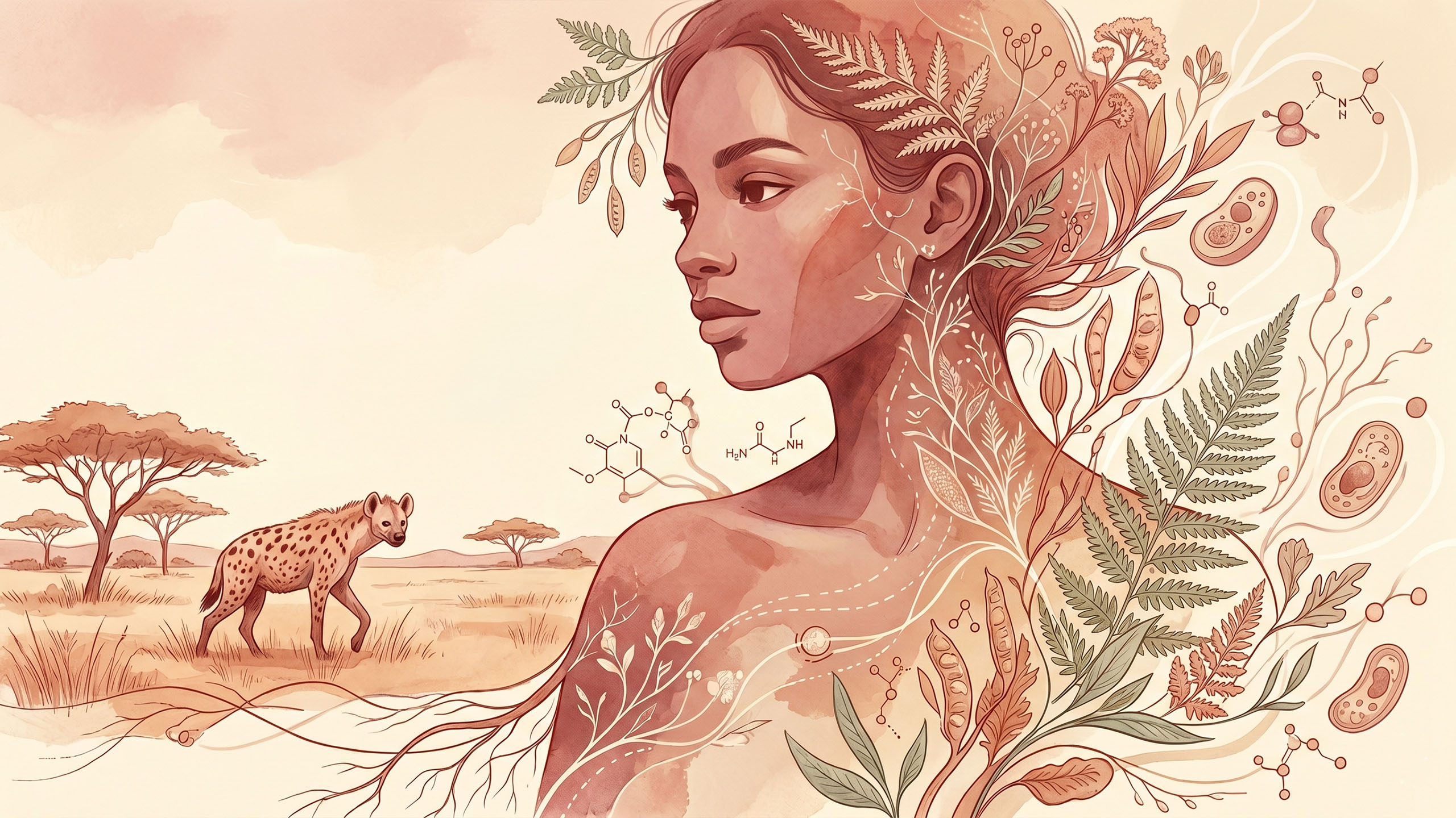 Soft editorial illustration of a woman in profile surrounded by botanical elements and subtle scientific diagram overlays representing hormones and biology