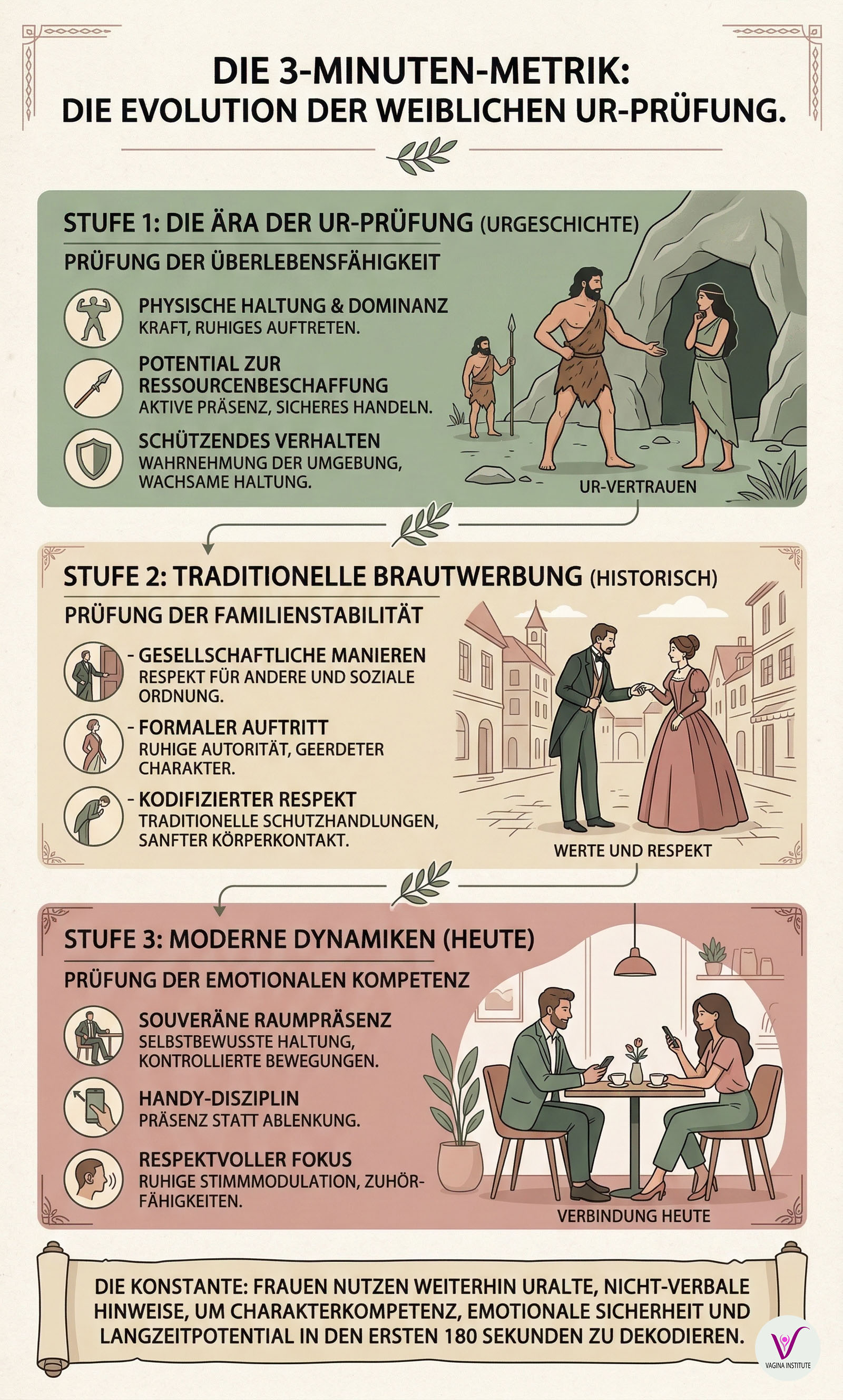 Infografik, die die Drei-Minuten-Metrik und die Entwicklung der ursprünglichen Prüfung durch die Frau von der Urzeit bis heute zeigt.