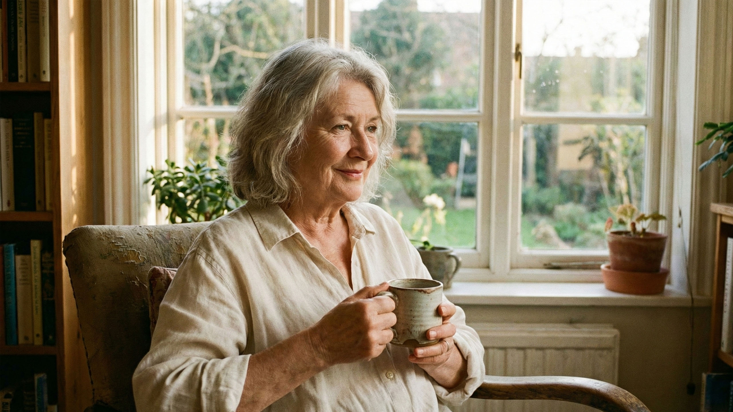 Eine elegante Frau Ende 50 sitzend am sonnigen Fenster, mit einer Keramiktasse in der Hand.