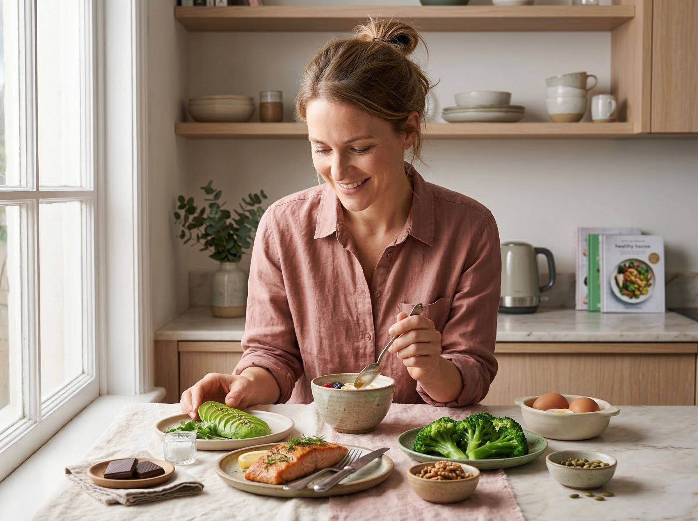 Eine Frau bereitet in einer hellen Küche eine nahrhafte Mahlzeit mit hormonunterstützenden Lebensmitteln zu.
