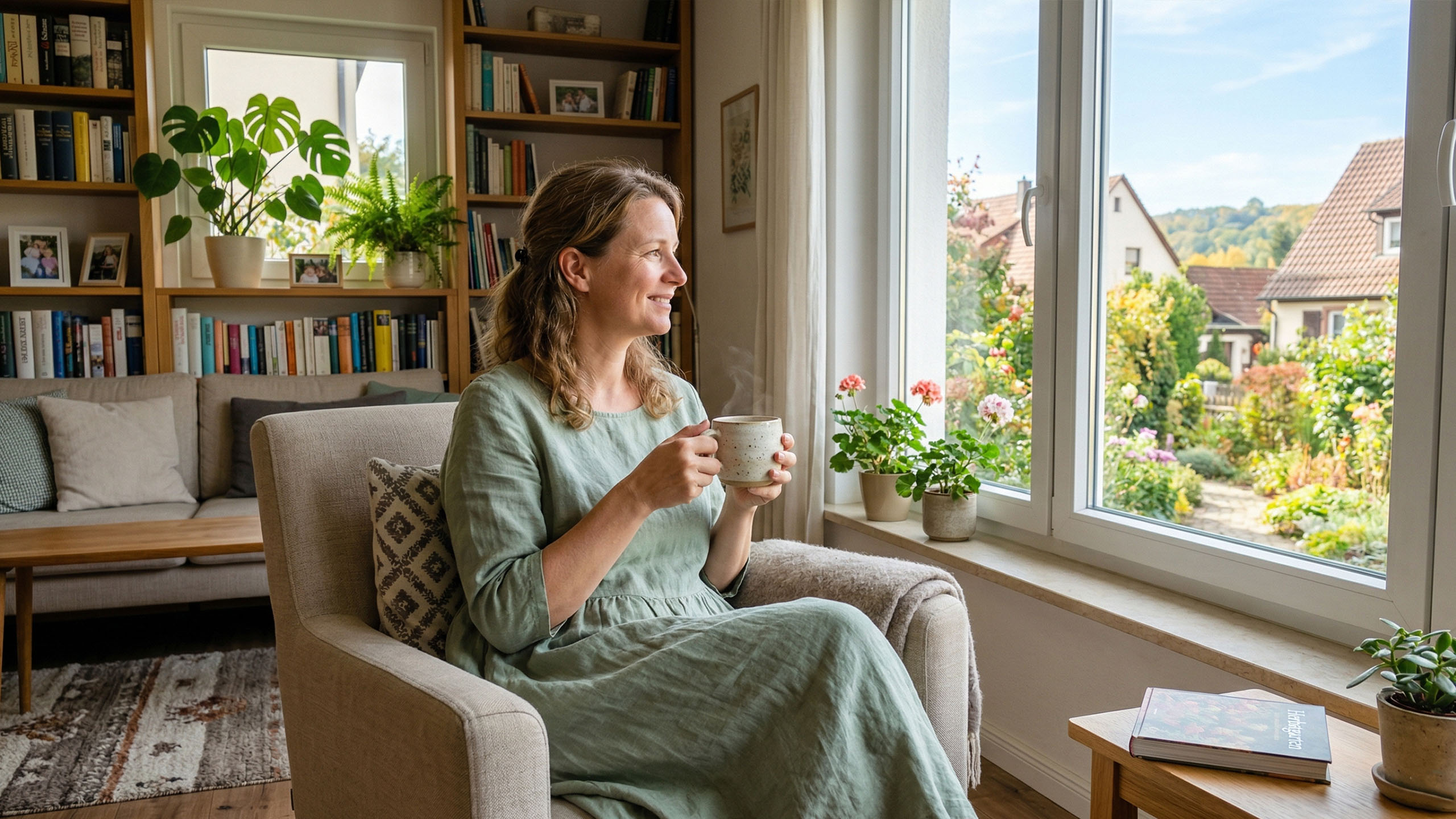 Eine ruhige Frau genießt einen stillen Moment in einem hellen, sauberen Zuhause.