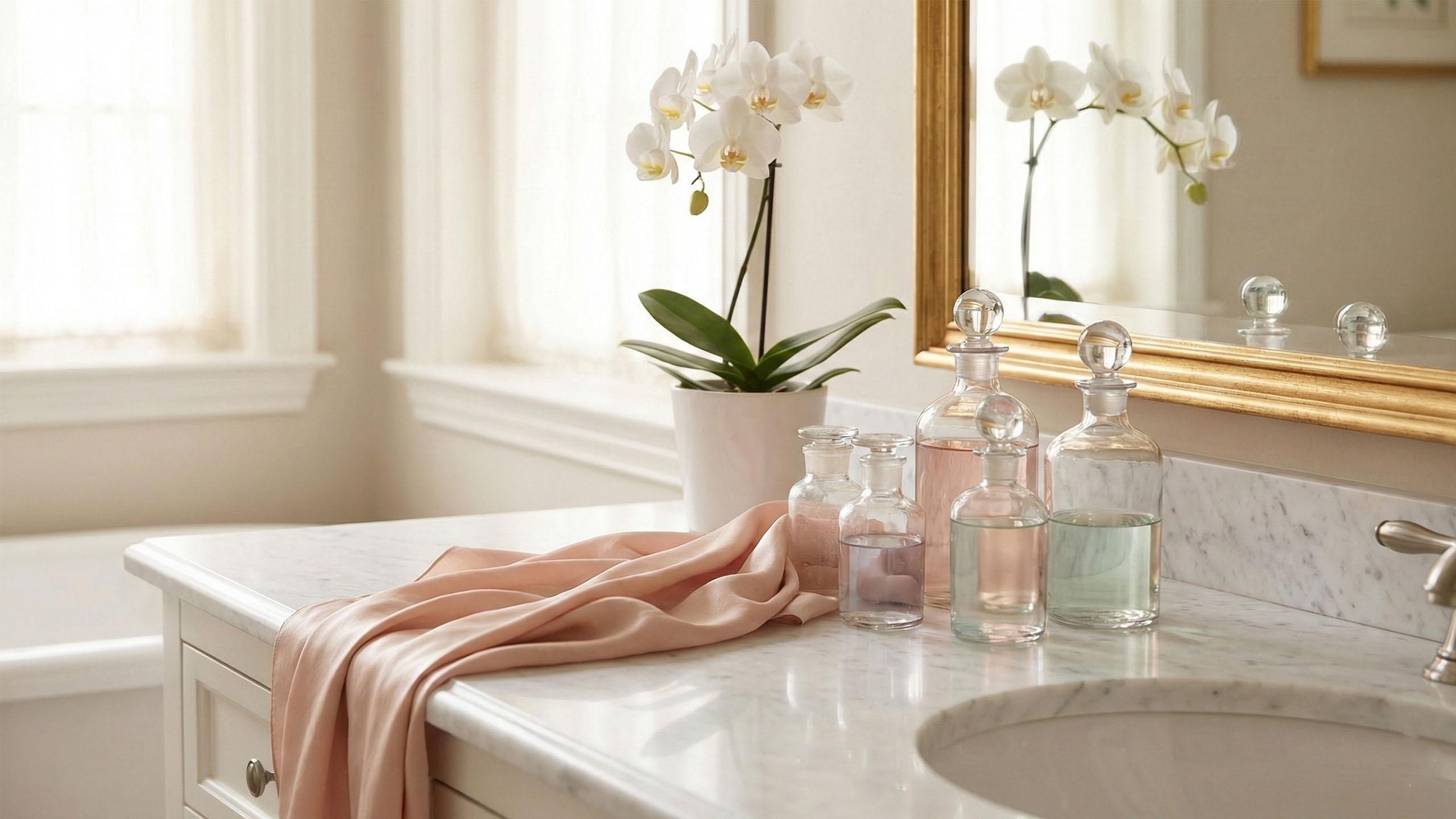 Eleganter Frisiertisch mit Luxus-Pflegeprodukten und Orchideen, die globale feminine Sch&ouml;nheit symbolisieren.