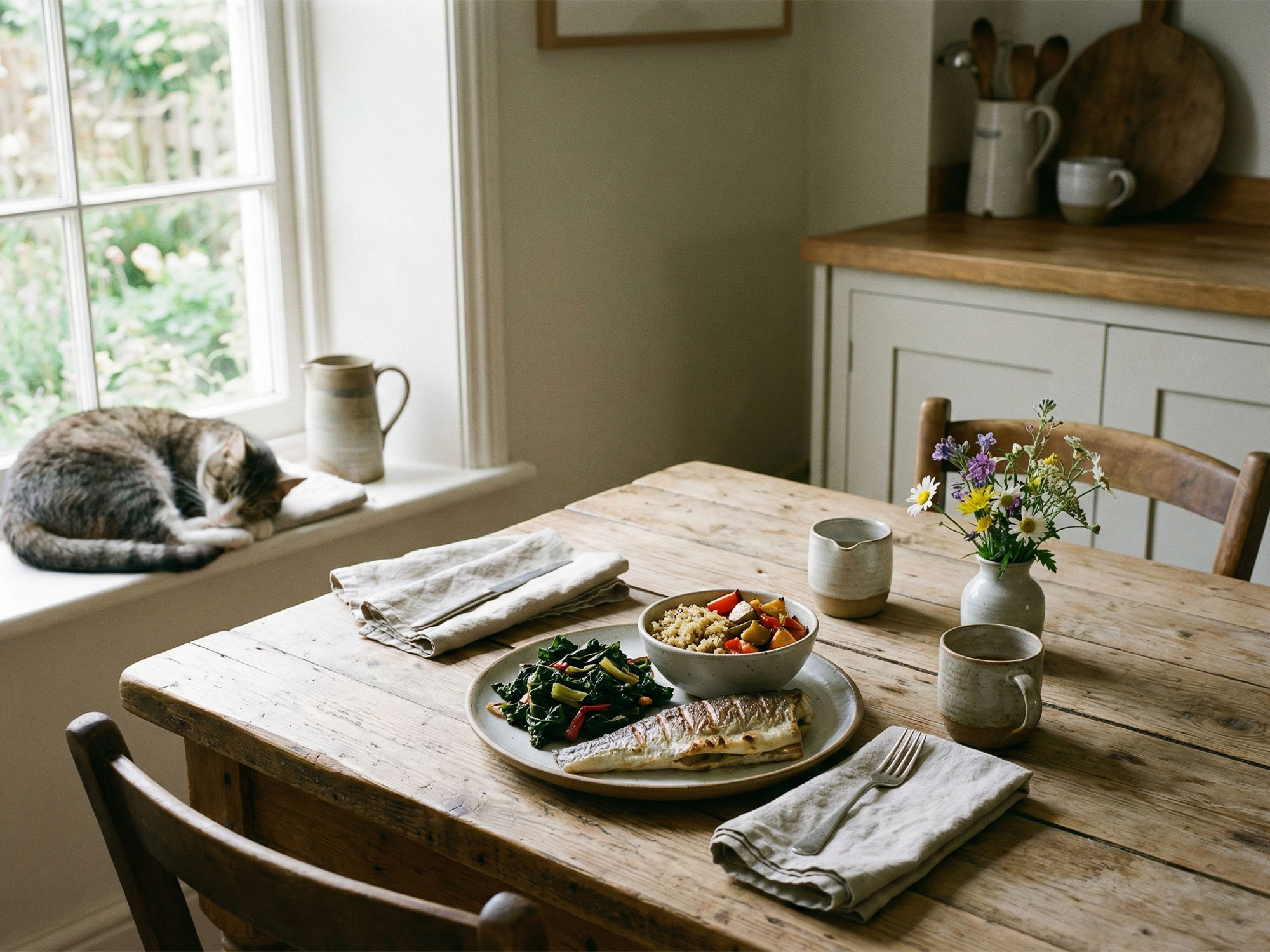 Una comida equilibrada que apoya la salud hormonal femenina con alimentos integrales.