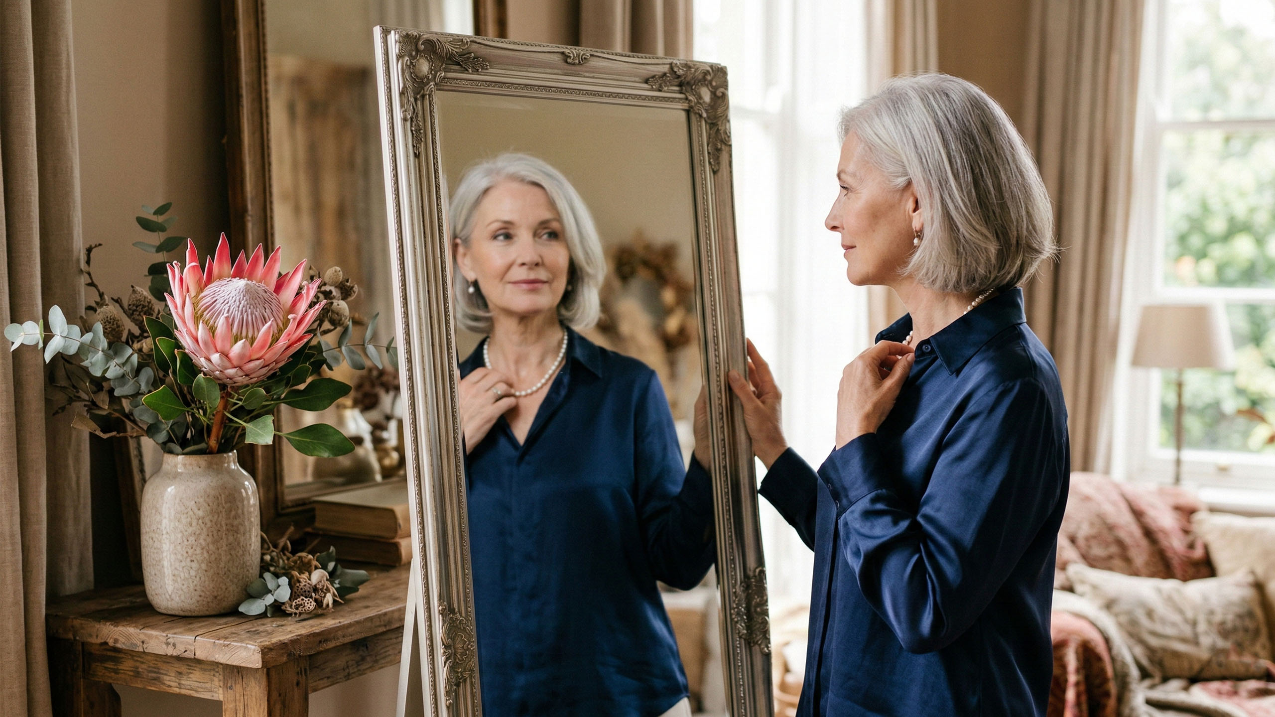 An elegant mature woman reflecting on her journey and physical changes.