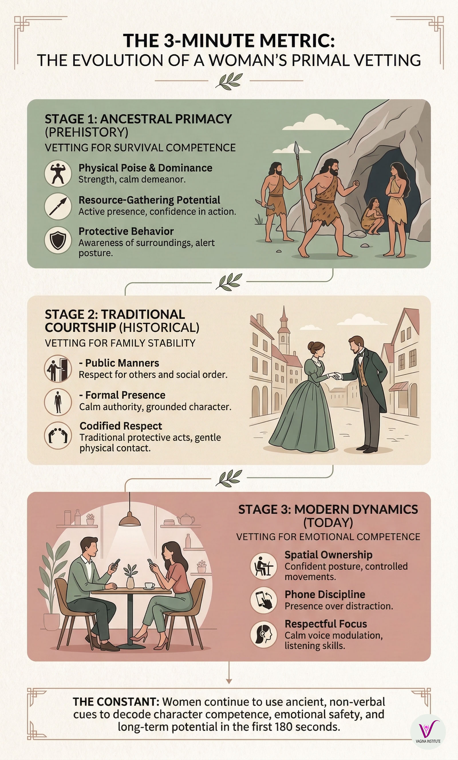 Infographic showing the three-minute metric and the evolution of a woman's primal vetting from prehistory to today.