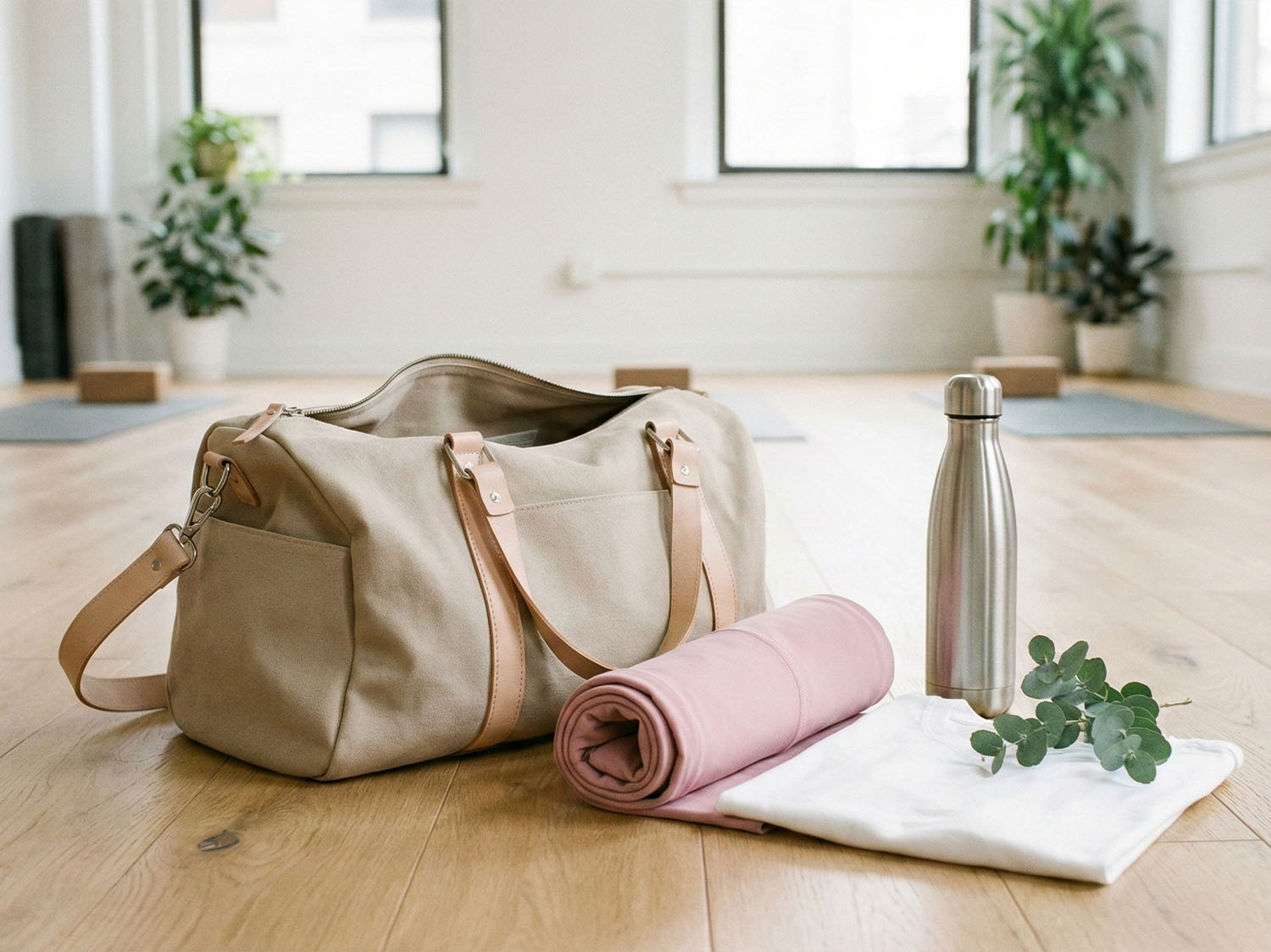 Essential gym bag items for feminine health including breathable cotton clothing and hydration.