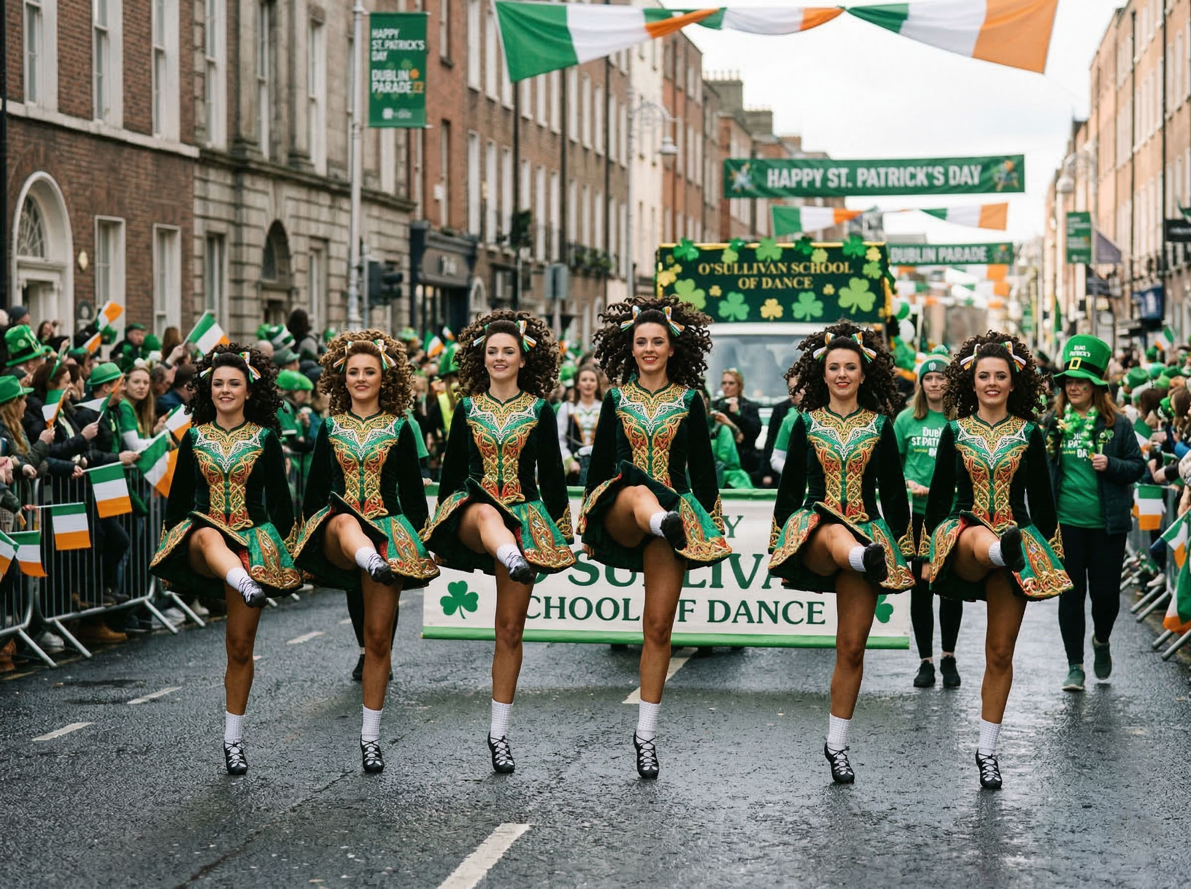 Irish step dancers performing at a Saint Patrick's Day parade