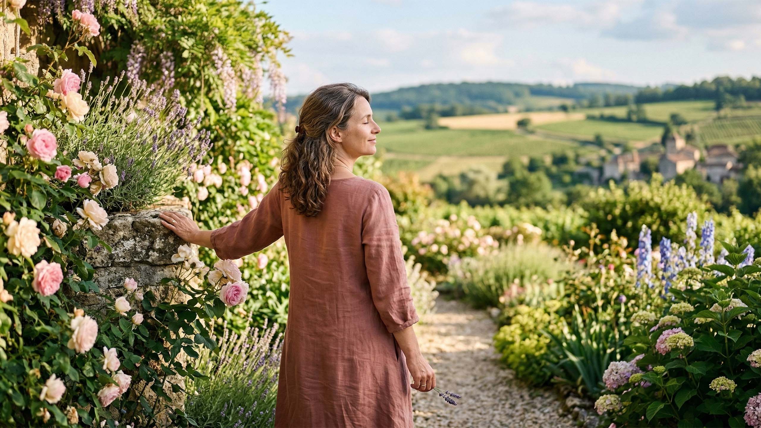 A thoughtful woman in a sunlit garden, symbolizing the transition and peace of menopause.