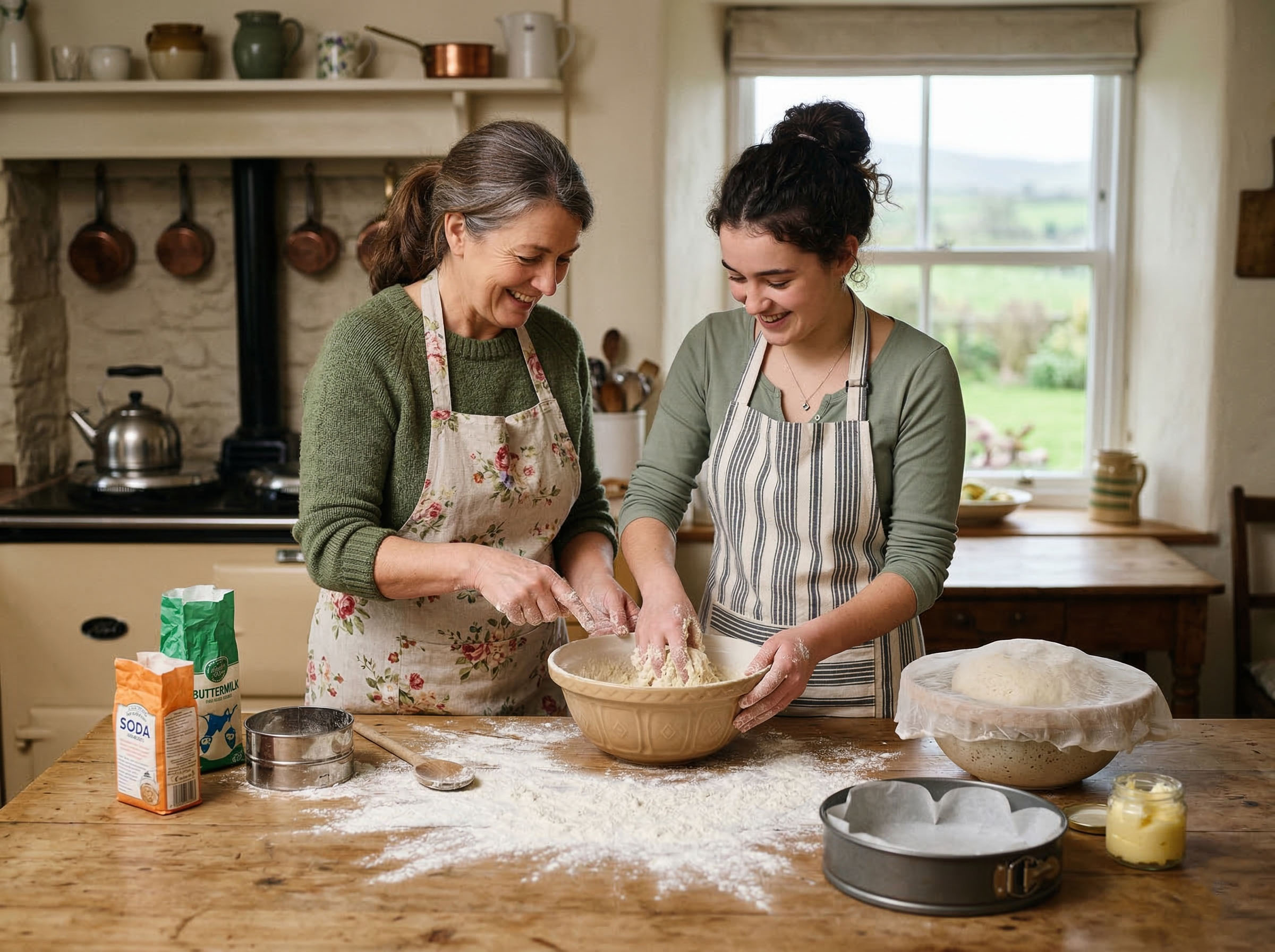Mother and daughter baking traditional Irish soda bread for Saint Patrick's Day
