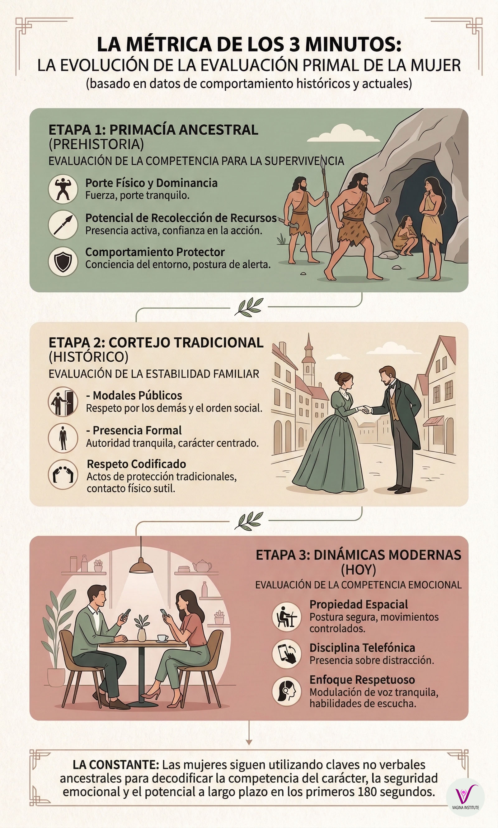 Infografía que muestra la métrica de los tres minutos y la evolución del filtrado instintivo de la mujer desde la prehistoria hasta hoy.