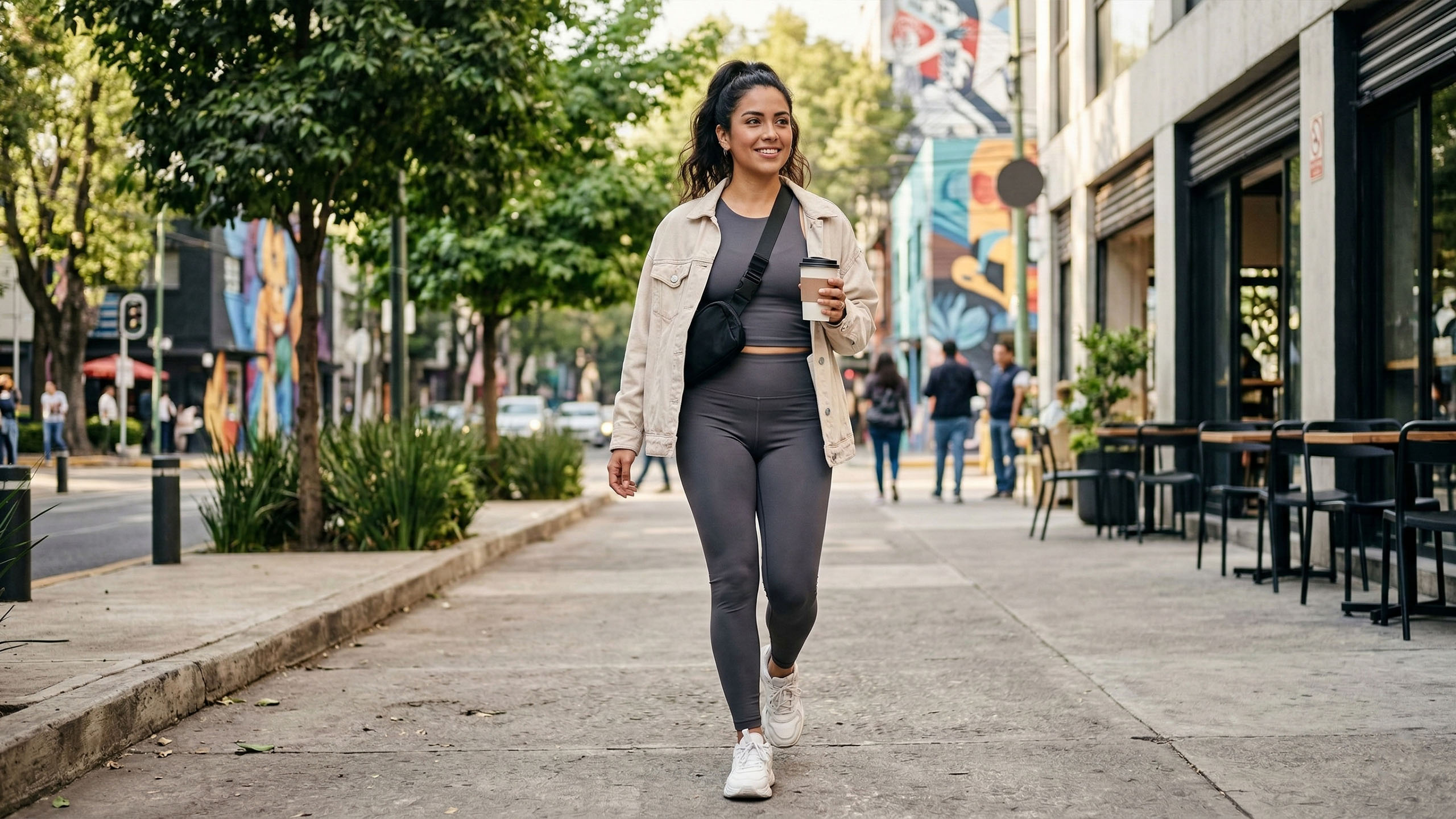 Una mujer elegante camina por una acera urbana con ropa activewear verde oliva y una chaqueta beige.