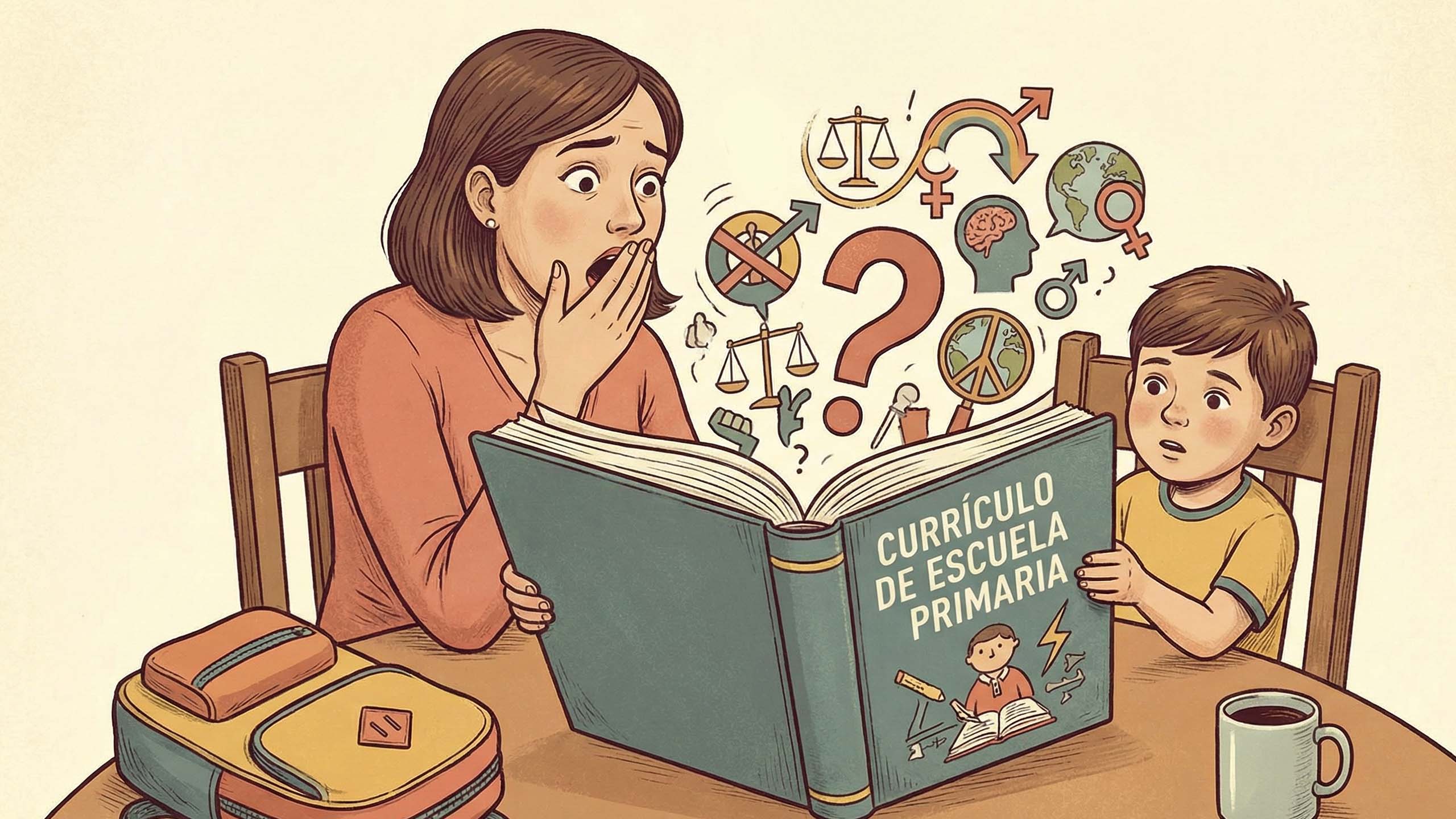 Una madre y su hijo revisando materiales educativos juntos en un entorno hogareño.