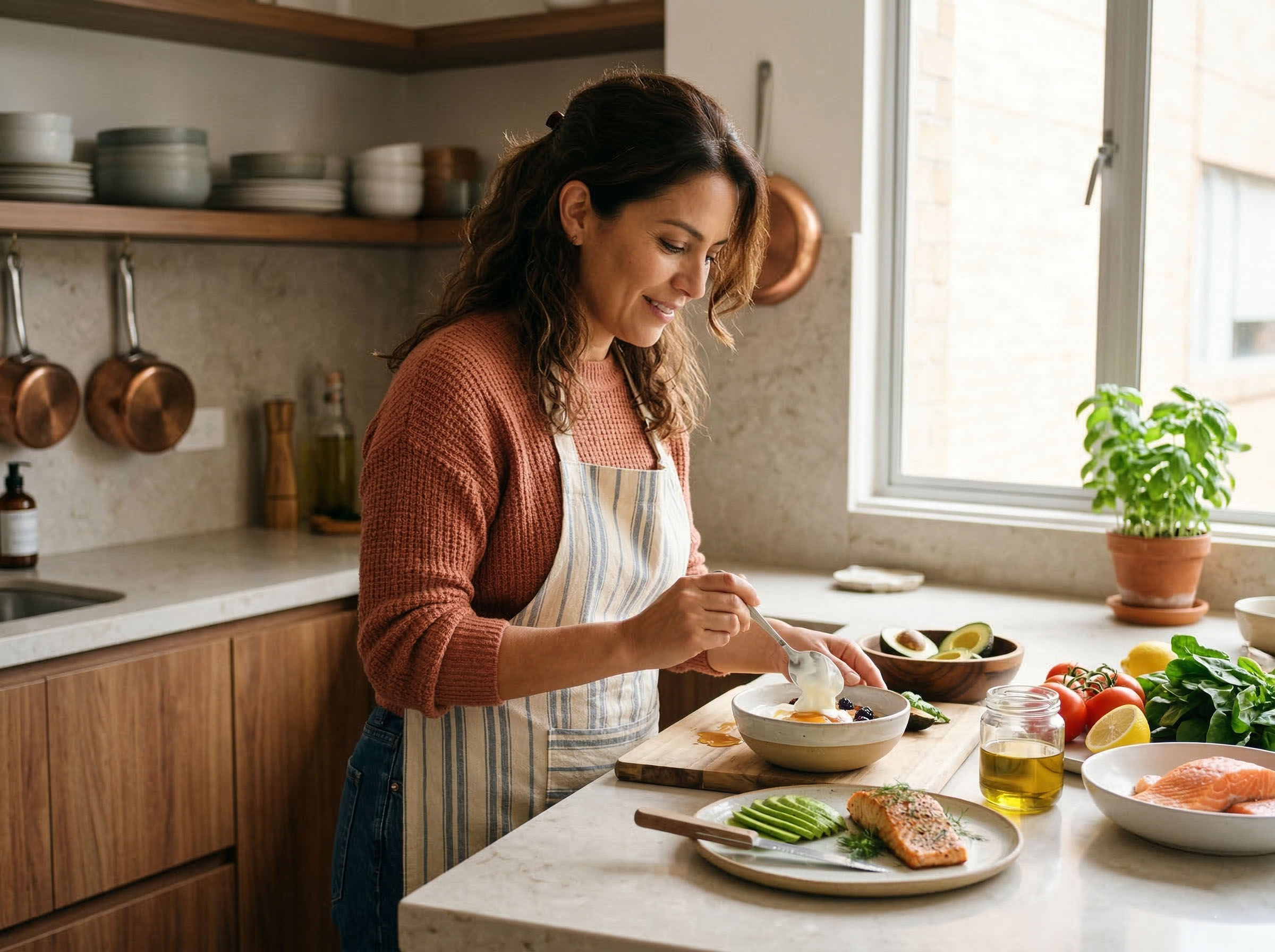 Una mujer preparando una comida nutritiva con alimentos que apoyan las hormonas en una cocina luminosa.