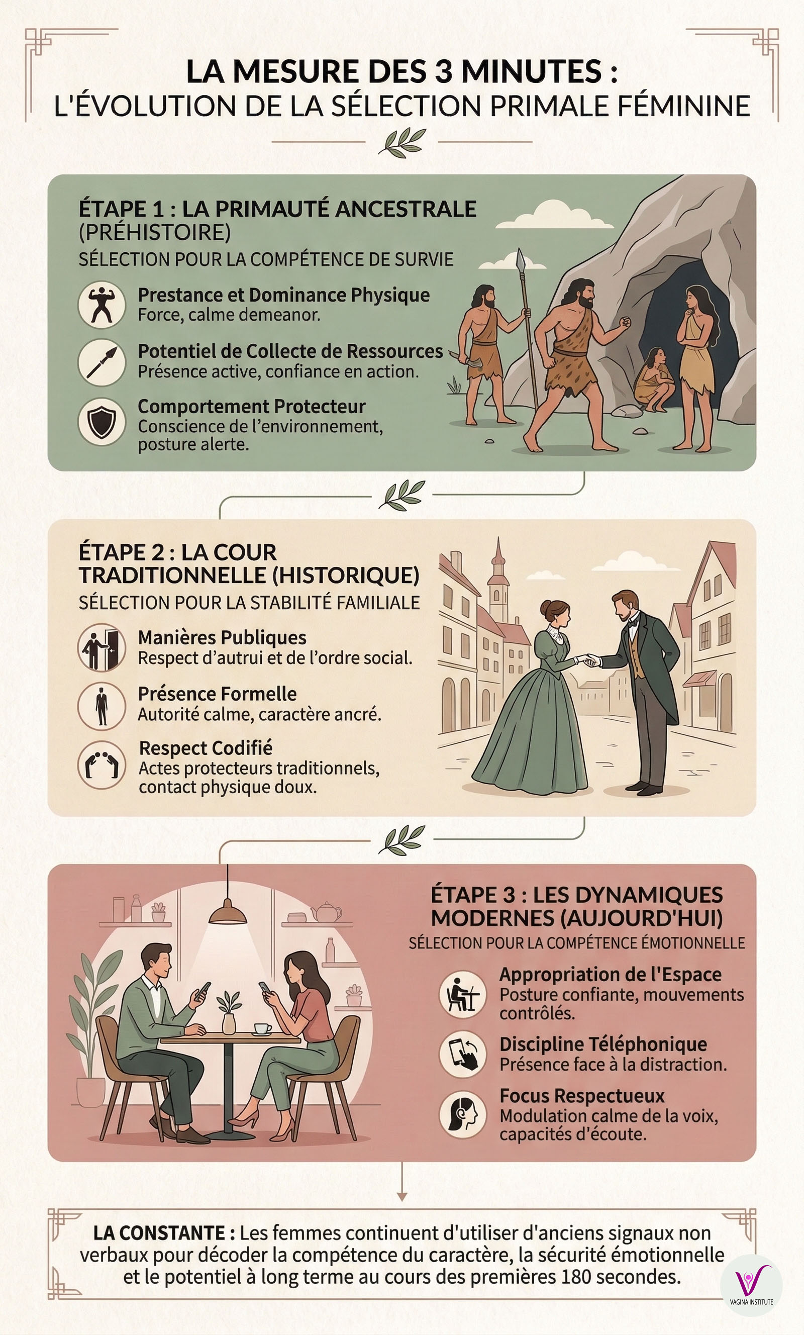 Infographie montrant le critère des trois minutes et l'évolution du filtrage ancestral féminin, de la préhistoire à nos jours.