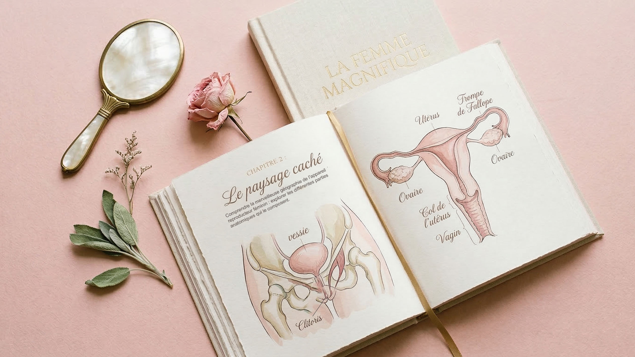Livre de référence illustré d’anatomie ouvert, entouré d’éléments botaniques doux sur un fond rose poudré, représentant une éducation accessible à la santé des femmes.