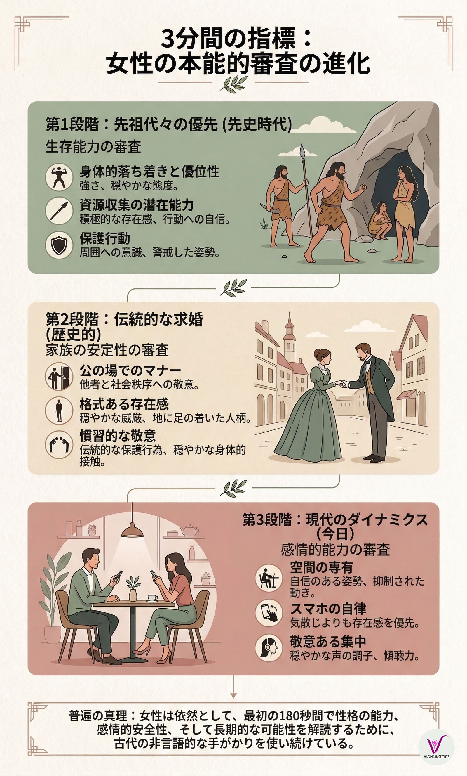 3分間の指標と、先史時代から現代に至るまでの女性の本能的な見極めの進化を示すインフォグラフィック。