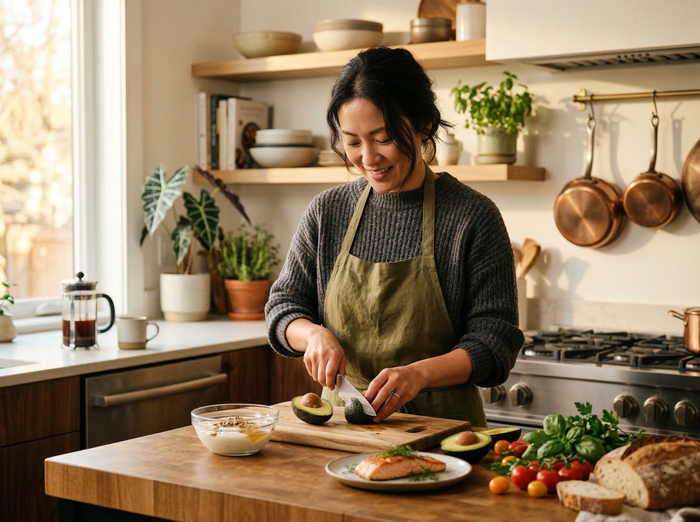 明るいキッチンでホルモンをサポートする食材を使って栄養バランスの良い食事を作る女性