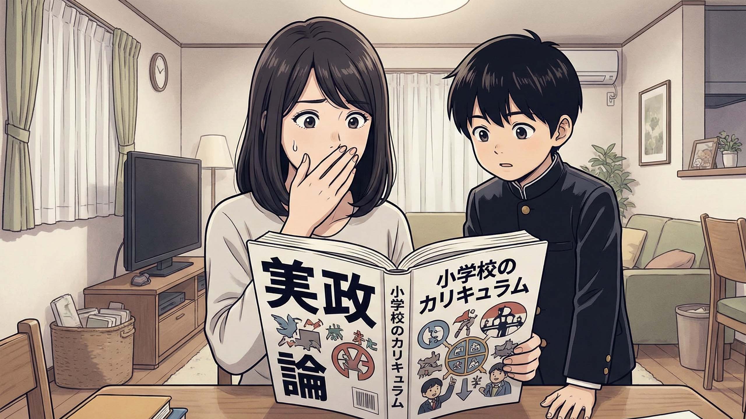 自宅で母親と子供が一緒に教材を確認している様子。