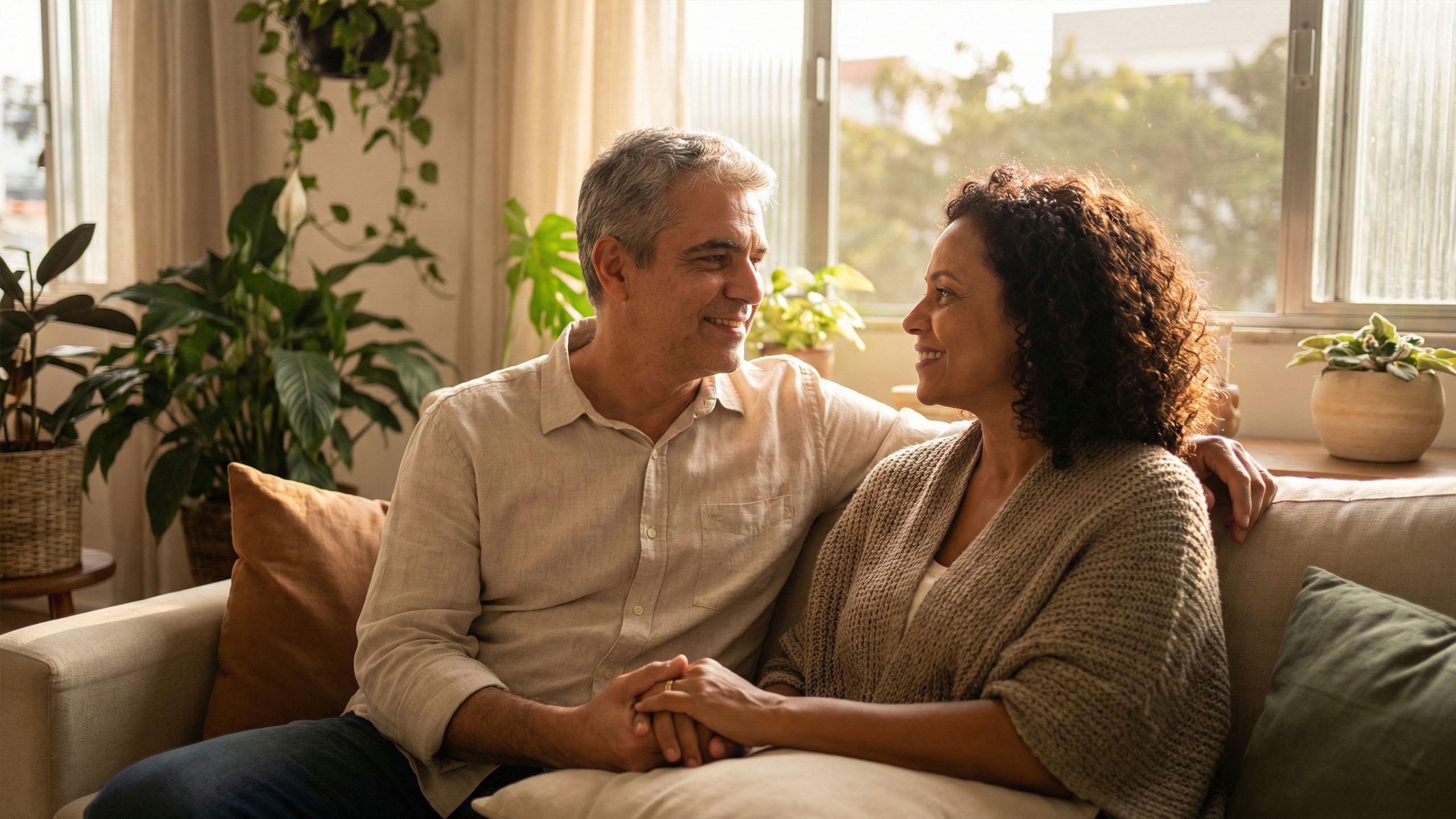 Um casal sentado junto, representando um vínculo conjugal seguro e estável.