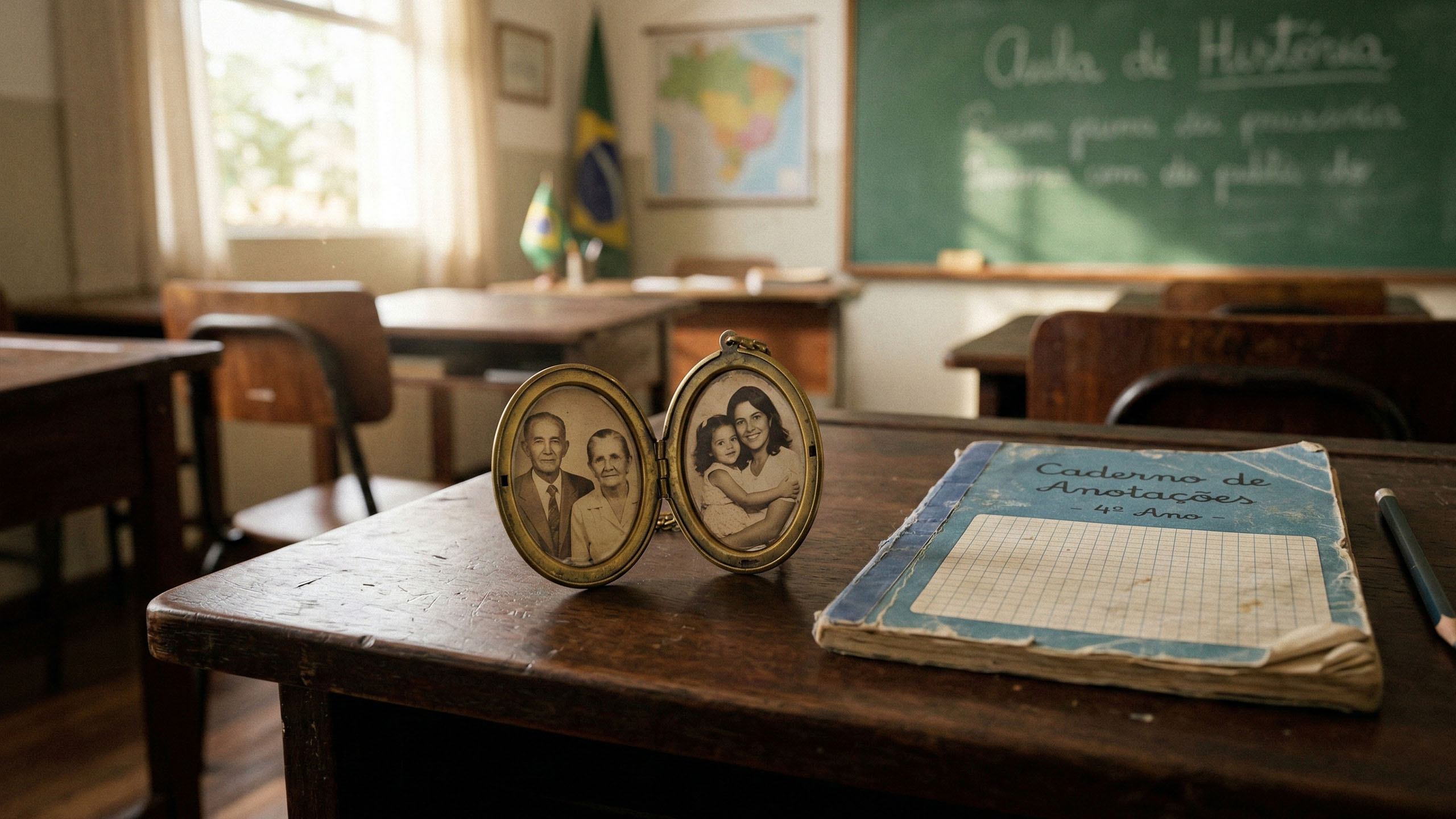 Uma carteira escolar clássica de madeira com uma pequena flor e um medalhão antigo, simbolizando um ambiente educacional calmo e neutro.