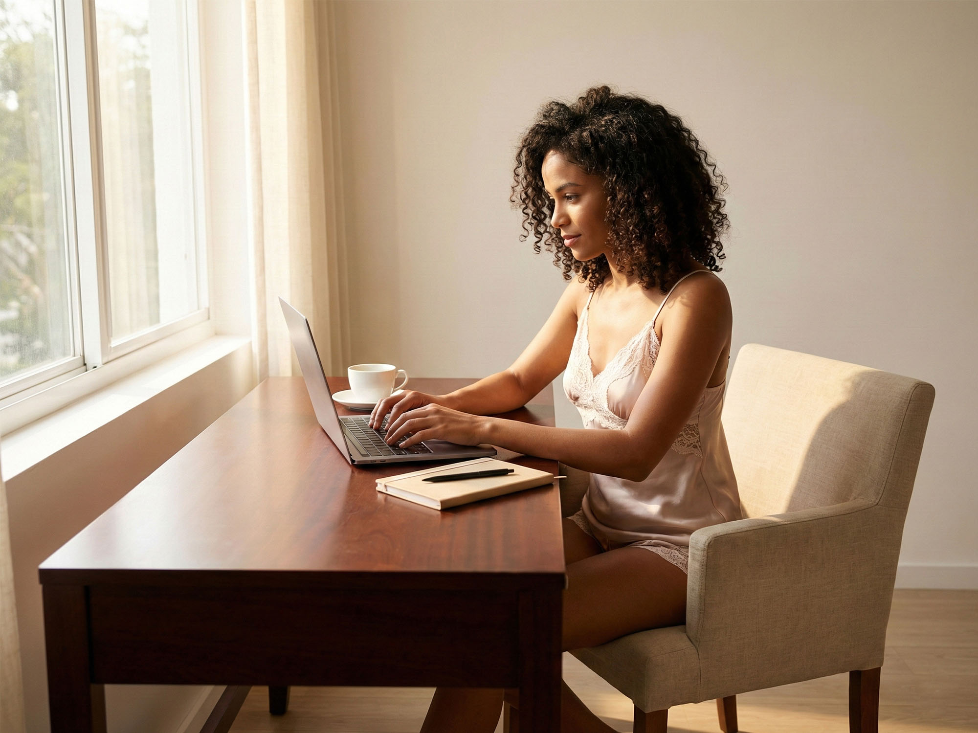 Mulher trabalhando em seu home office em roupas íntimas.