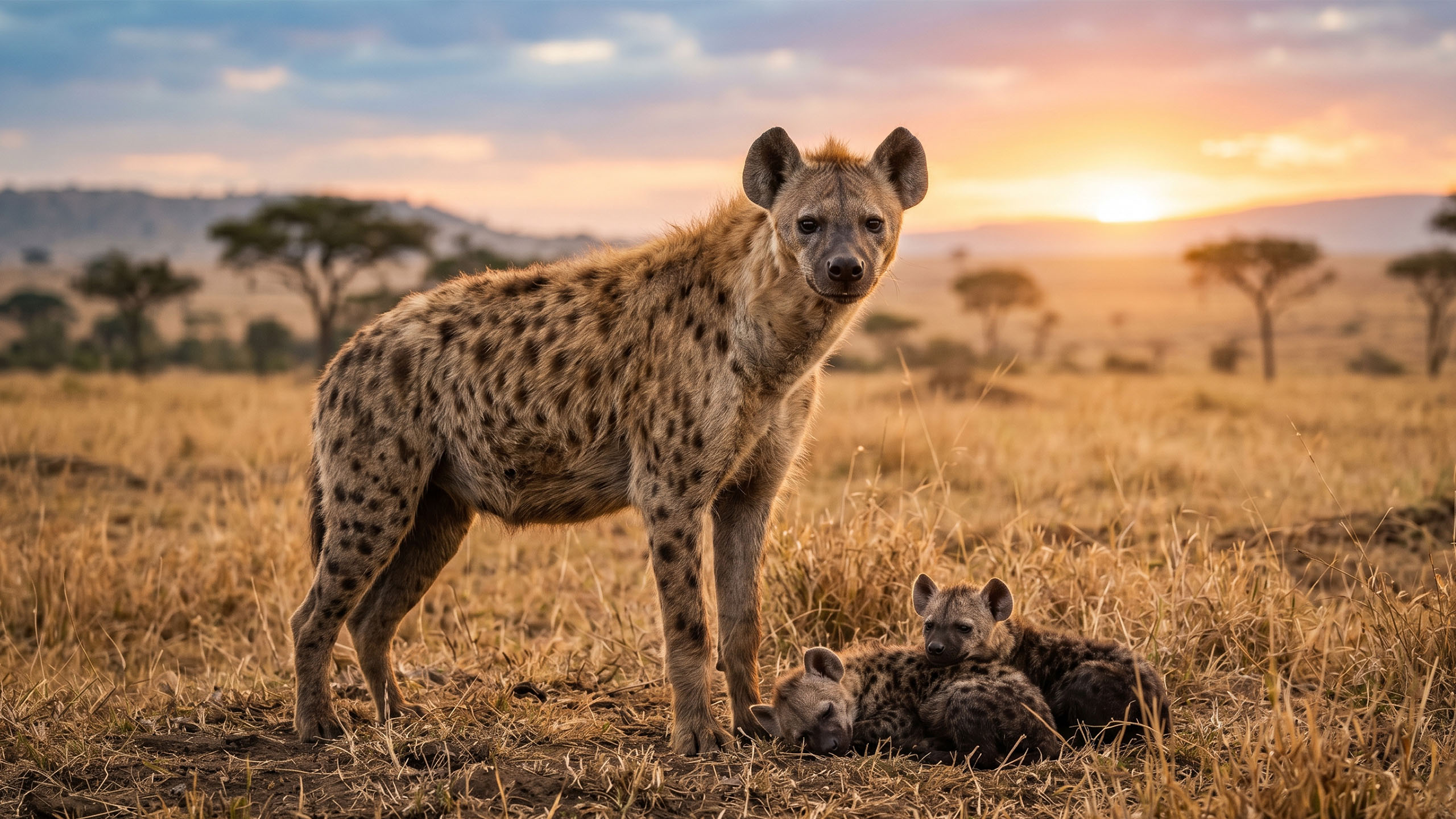 Female spotted hyena standing over her cubs at dawn on the African savannah, exuding authority and alertness