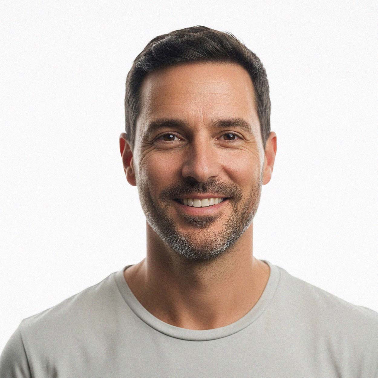 Hombre sonriendo, invitando a otros hombres a participar en nuestras encuestas.