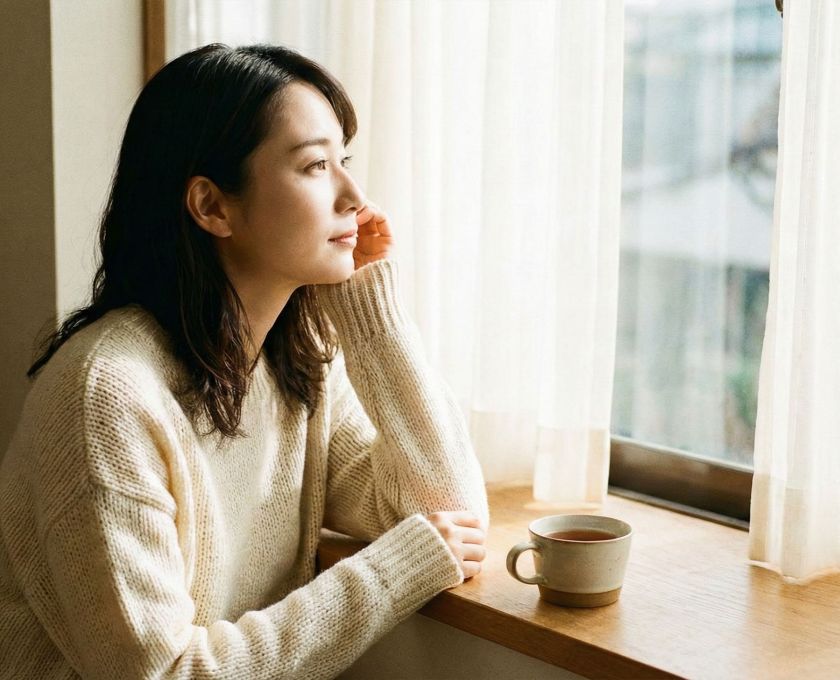 穏やかな陽光に包まれた部屋で物思いにふける女性。感情的な安らぎと女性的な優雅さを象徴している。