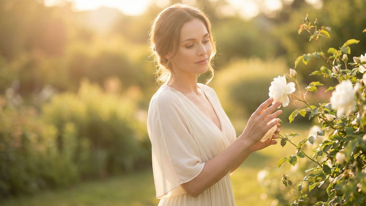 A woman in soft light reflecting on her journey toward body confidence and self-love.