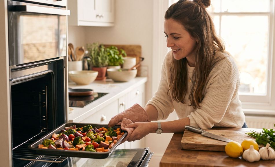 Woman in a sunlit home kitchen taking a tray of roasted vegetables from the oven while learning to cook at home
