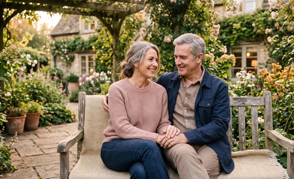 Mature couple sitting closely together outdoors, hands clasped