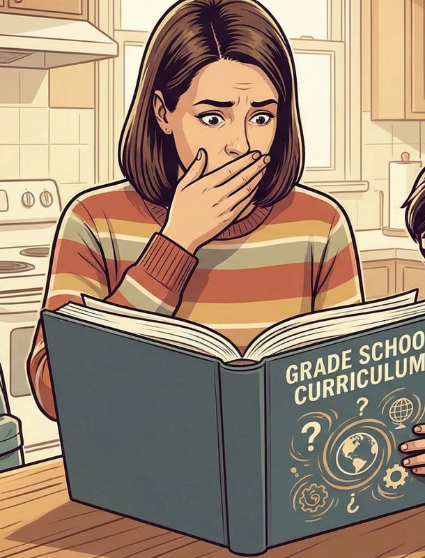 A mother and child reviewing educational materials together in a home setting.