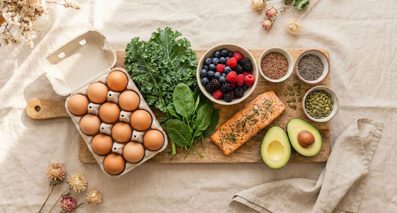 Una selección de alimentos integrales que apoyan el equilibrio hormonal en mujeres, incluidos huevos, verduras de hoja verde, bayas, pescado y semillas.