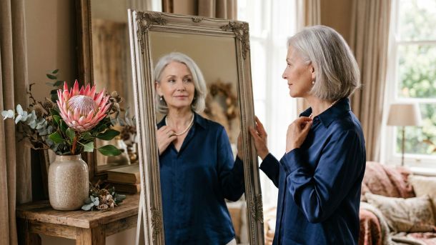 An elegant mature woman reflecting on her journey and physical changes.