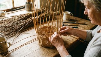 Close-up of a woman's hands skillfully weaving a natural willow basket in a sunlit room.