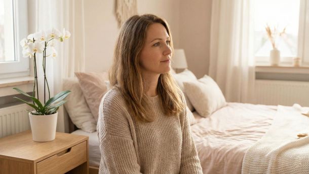 Eine ruhige Frau in einem sanft beleuchteten Raum, Sinnbild weiblicher Empfänglichkeit und biologischer Harmonie.