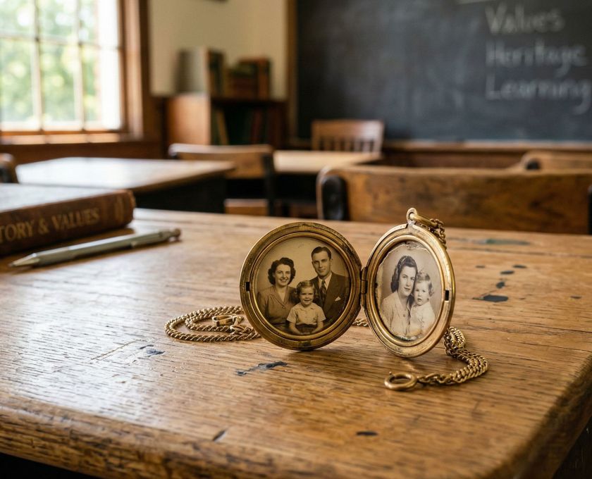 A classic wooden school desk with a small flower and a vintage locket, representing a calm and neutral educational environment.
