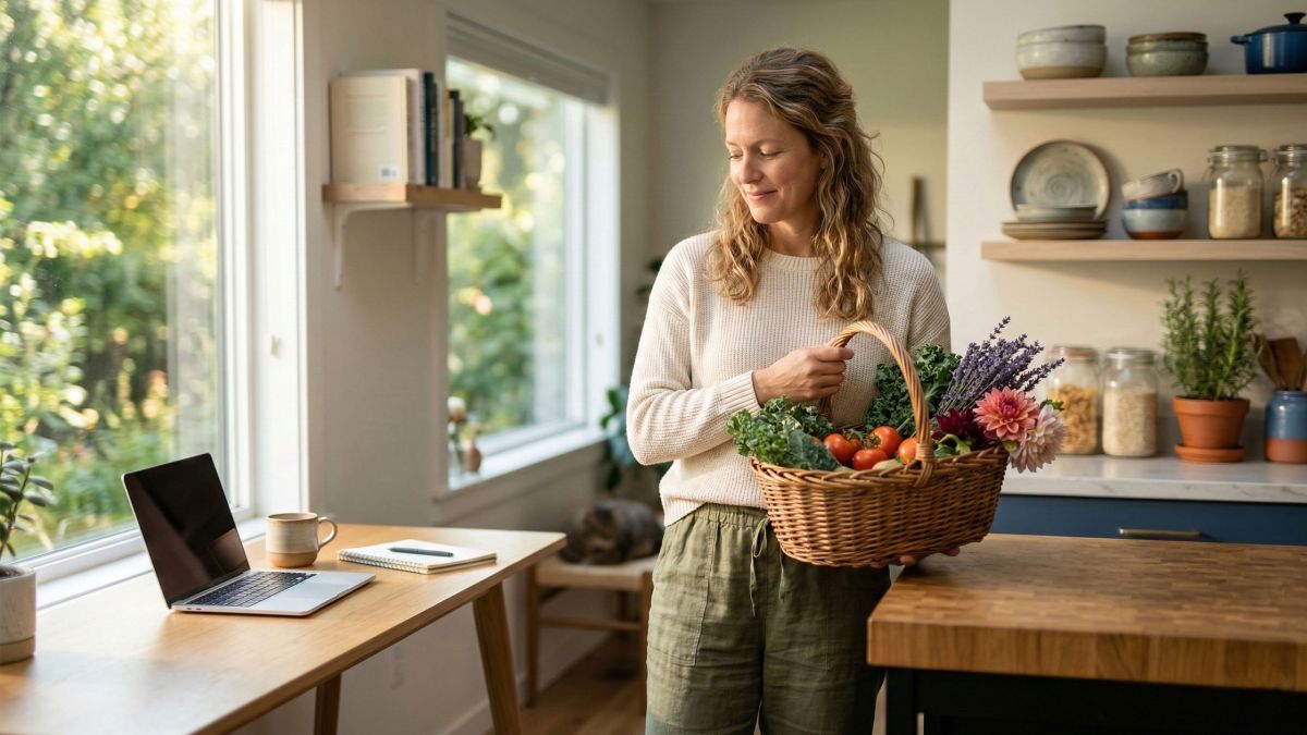 A modern woman balancing family and home life in a serene setting, representing the 2026 lifestyle shift.