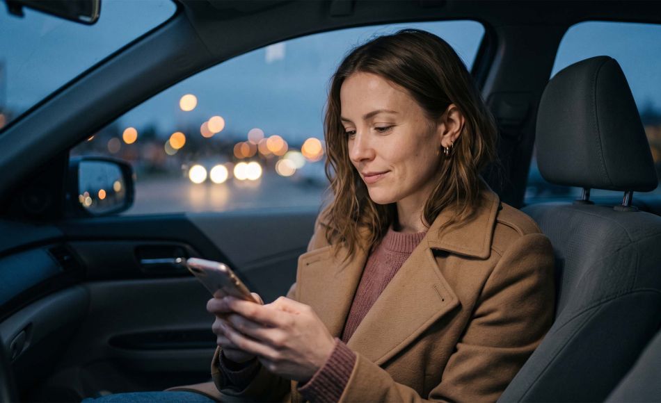 Woman in a camel coat sitting in her parked car at dusk checking her phone before a second date