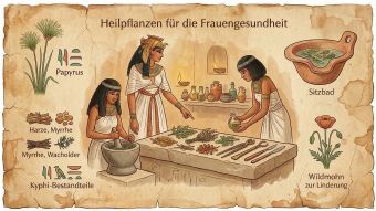 Dried herbs, parchment, and clay vessels representing ancient botanical remedies used in women's health across history