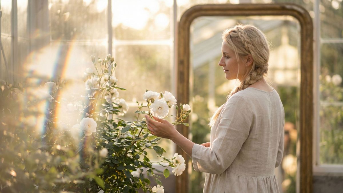Eine Frau im sanften Licht, die über ihren Weg zu Körpervertrauen und Selbstliebe nachdenkt.