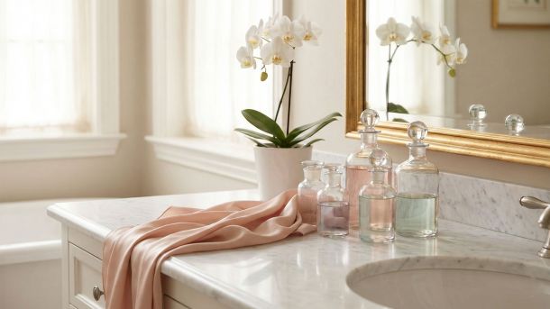 Tocador elegante con frascos de cuidado de lujo y orquídeas representando la belleza femenina global.