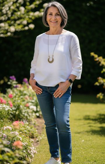 A confident older woman smiling outdoors, radiating calm and strength.