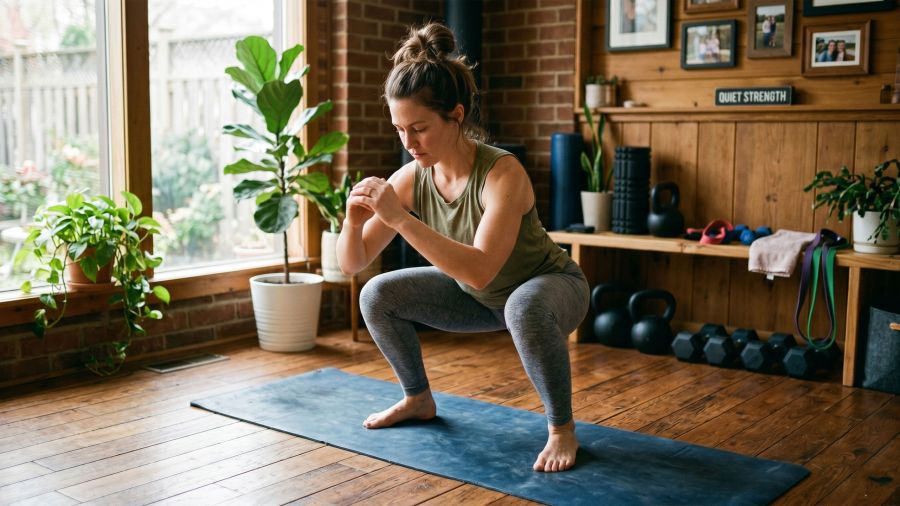 A woman exercising at home, representing post-childbirth fitness and body recovery.