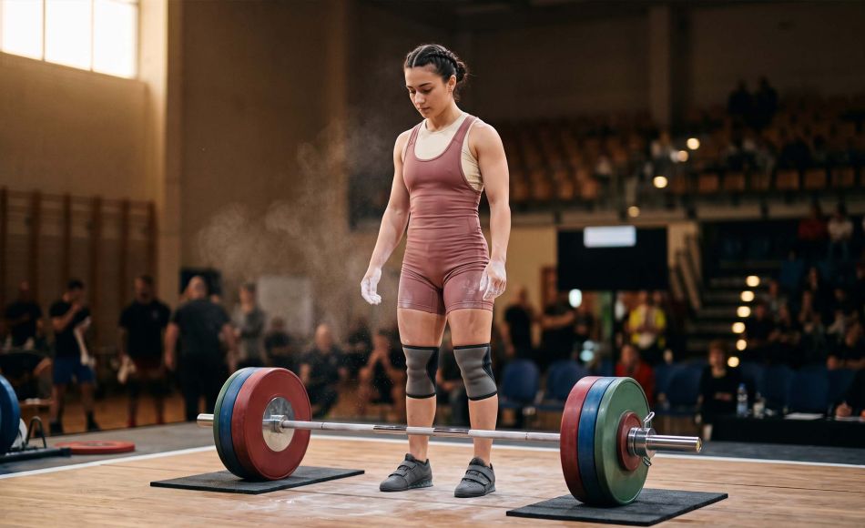 Female weightlifter chalking her hands at a competition platform, illustrating the pelvic floor under pressure during heavy lifting