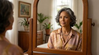 Uma mulher madura elegante refletindo sobre sua jornada e mudanças físicas.