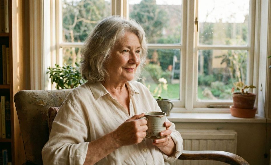 an elegant woman in her late 50s sitting by a sunlit window, holding a ceramic cup.