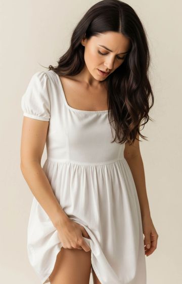 Woman looking down at her crotch "Myth vs Fact" to vaginal health misconceptions