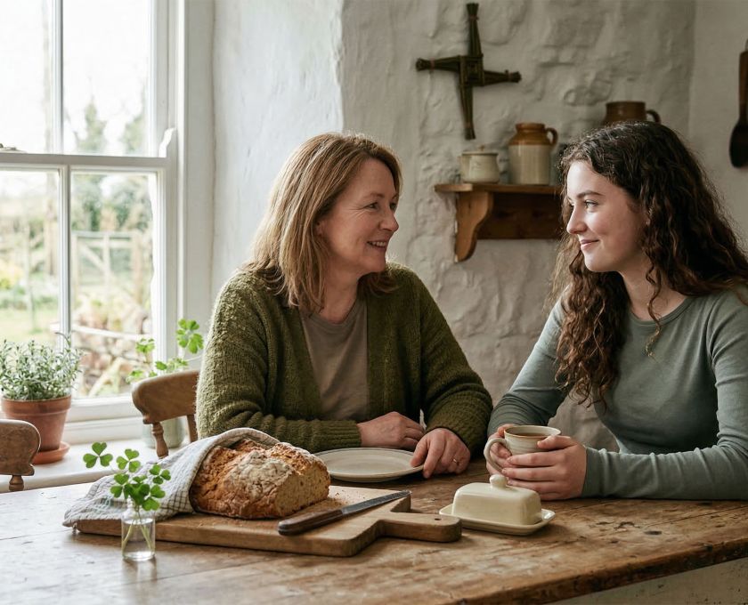 Mother and daughter celebrating Saint Patrick's Day with traditional Irish soda bread and shamrock
